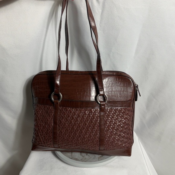 Coldwater Creek Brown Woven Faux Leather Shoulder Tote Work Bag Organizer - Picture 4 of 10